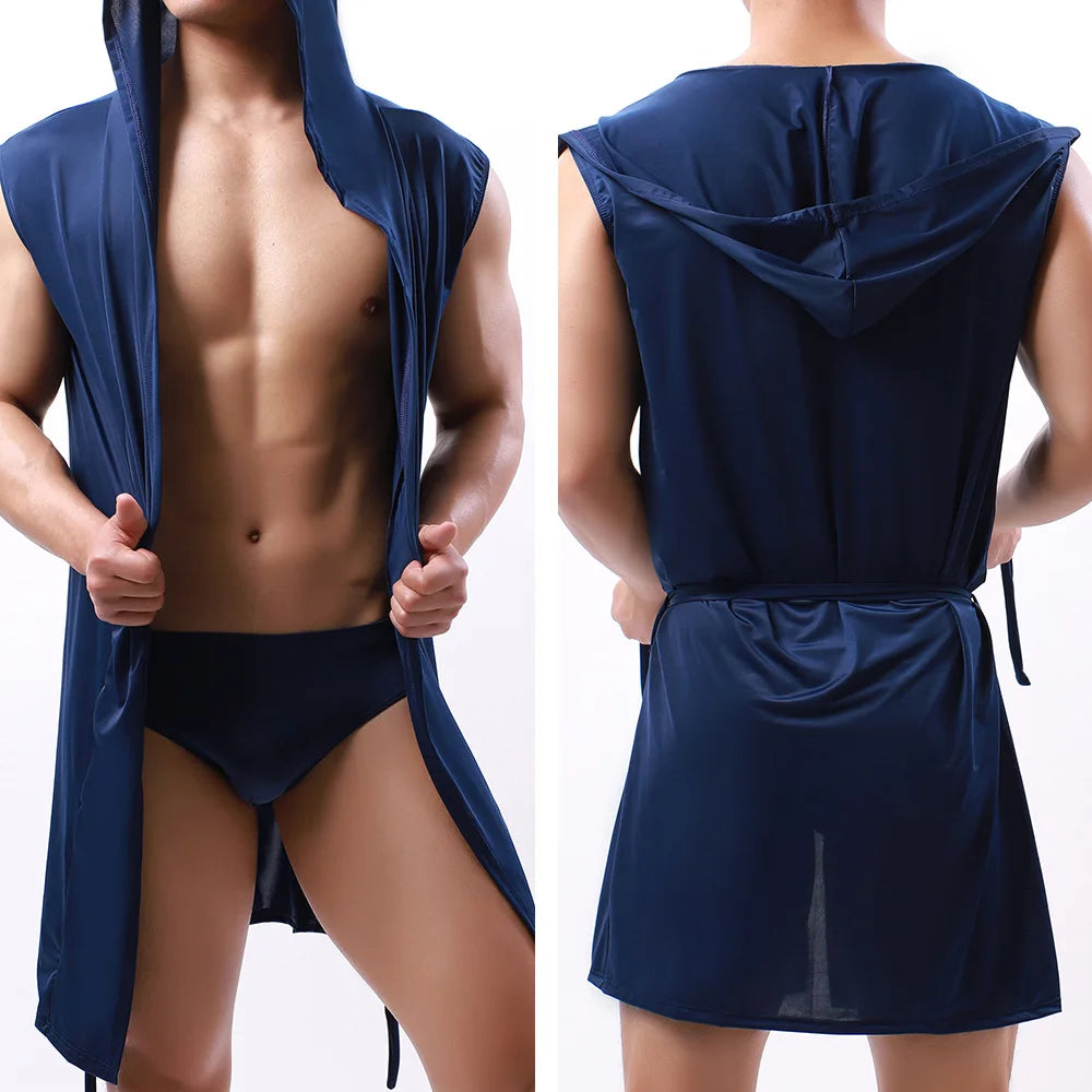 Sexy Nachtwäsche Herren Bademäntel Weich Seidig Ärmelloses Nachthemd Herren Homewear Morgenmantel Herren Pyjamas (Keine Shorts)