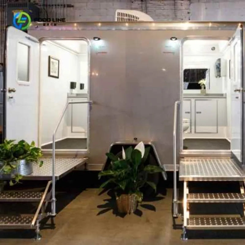 Remorque de toilettes mobiles de luxe, moderne, d'extérieur, à 2 cabines, avec porte double noire