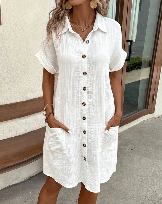 Vintage Damen Solid Mini Kleid Sommer Mode V-Ausschnitt Dreiviertelärmel Baumwolle Leinen Kleid Damen Lässige Urlaub Vestidos