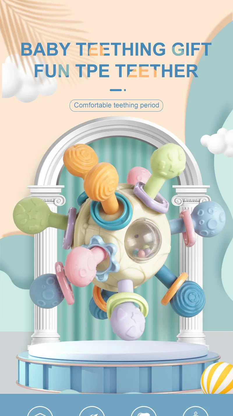 Jouets Bébé 0-12 Mois Hochet Balle Rotative Jouet d'Activité à Saisir Jouet de Développement Bébé Anneau de Dentition en Silicone Jouets Sensoriels Bébé pour Bébés