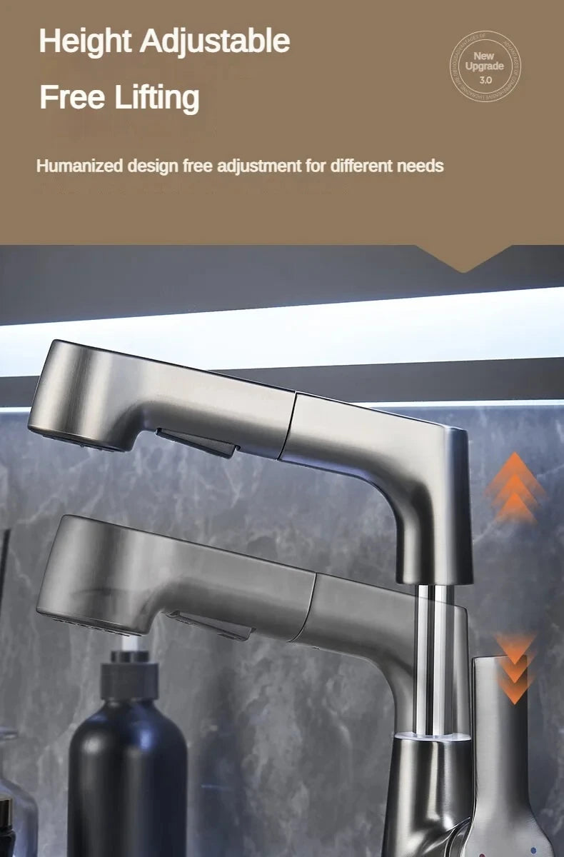Pull Out Lift Kitchen Faucet 360° Rotatable Bathroom Basin Faucet Stainless Steel Kitchen Sink Faucet with Pull Out Sprayer