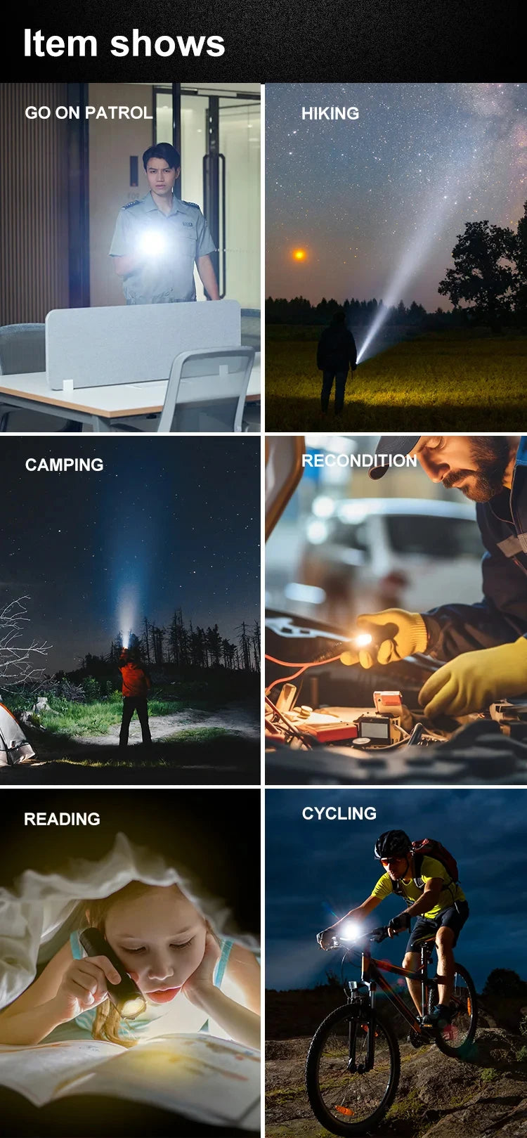 LED Camping Torch Flashlight High Power Rechargeable USB Spotlight Zoom Lantern Built-in Battery For Fishing Outdoor Waterproof