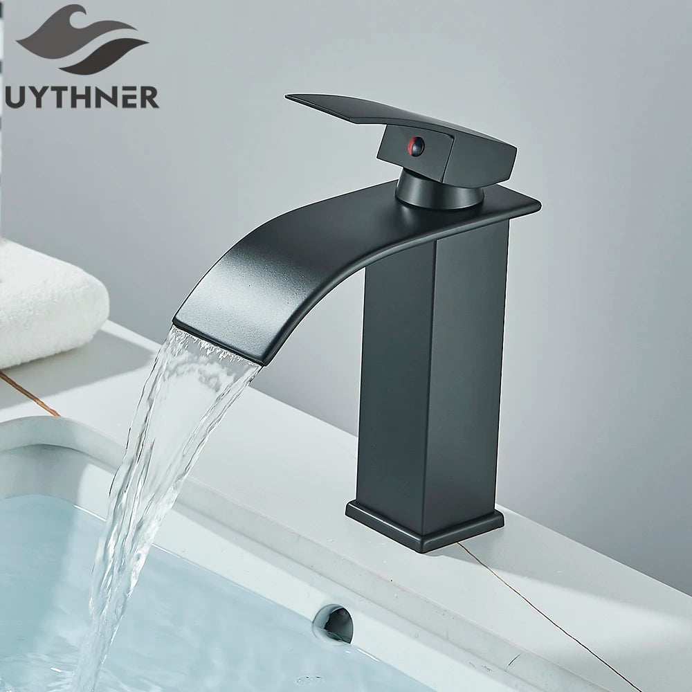 Robinet de Lavabo Doré Brossé, Élégant Robinet Cascade pour Salle de Bain, Mitigeur Monocommande en Laiton à Fixation sur Plan