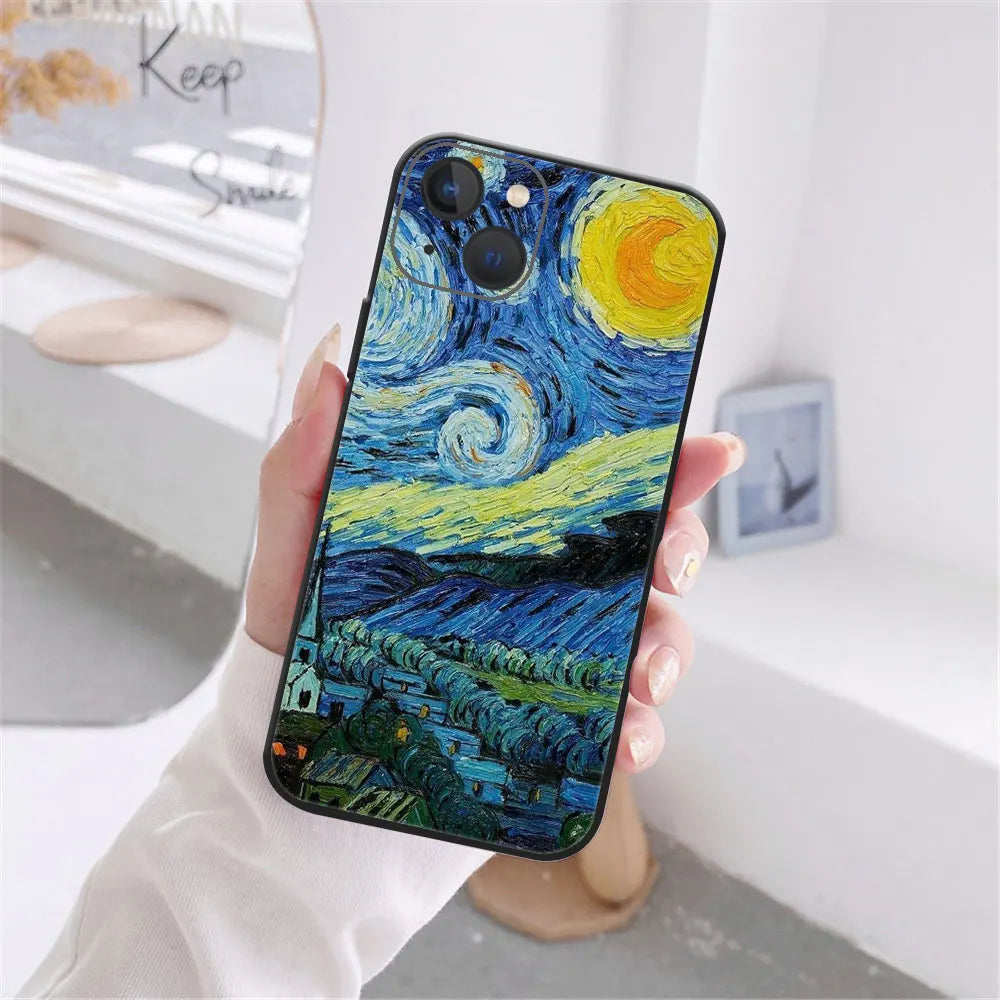 Art Van Gogh Sternenklare Sonnenblume Handyhülle für iPhone 11 12 13 14 15 16 17 Pro Max 17AIR 14 15 16 Plus Schwarze Weiche Silikonhülle
