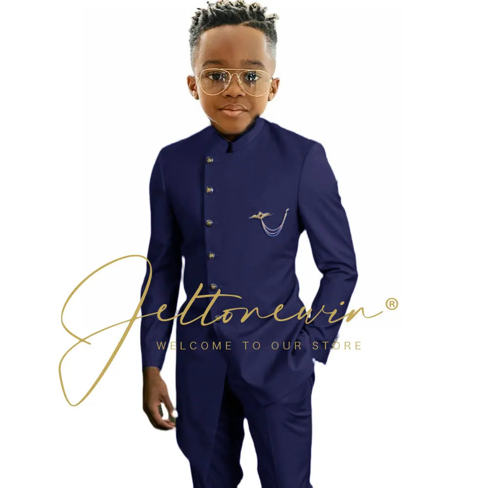 Königsblaues afrikanisches Design Jungen-Anzüge Set für Hochzeit Formeller Smoking Kinder Kostüm Klavieraufführung Maßgeschneiderte Kinder