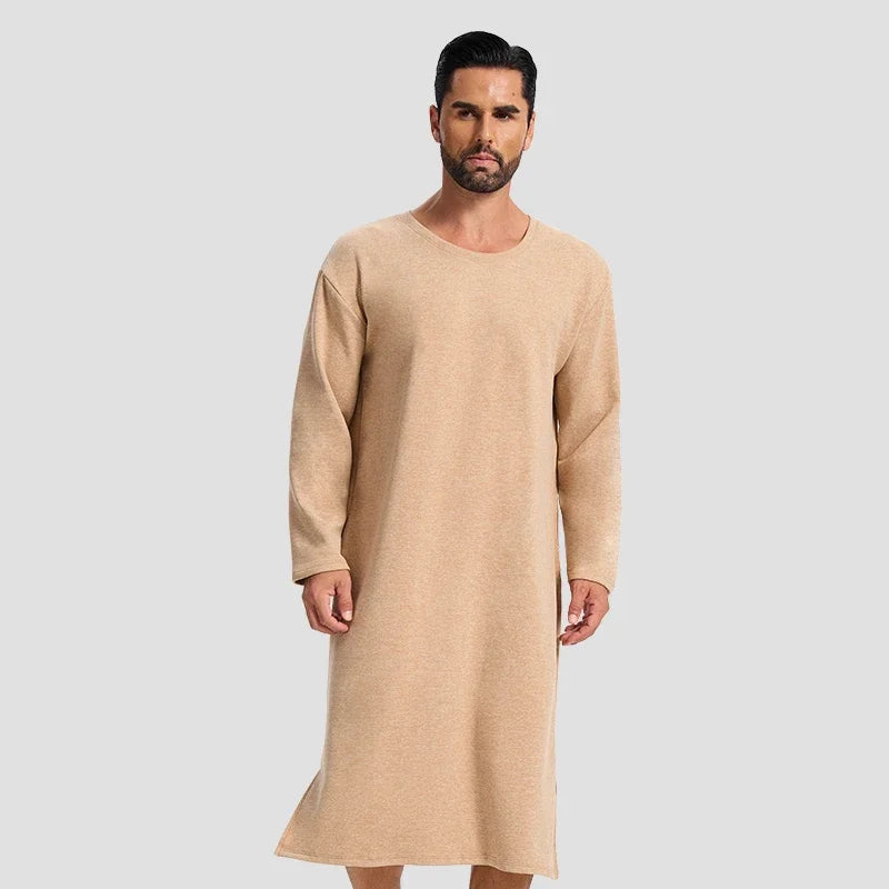 Men's autumn and winter long-sleeved one-piece nightdress knee bathrobe long nightgown integrated loungewear wool silk pajamas