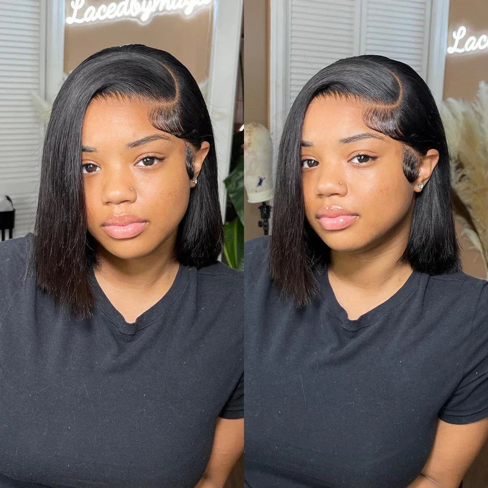 Perruques de cheveux humains brésiliens 13x4 Lace Front Bob court et lisse 4x4, densité 200%, 12 14 16 pouces