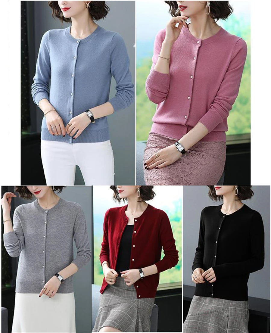 Spring Fall Slim Knit Cardigans Jacket Women Casual Korean Sweater Coats O-neck Knitwear Gilet Basic Single Breasted Malhas Tops