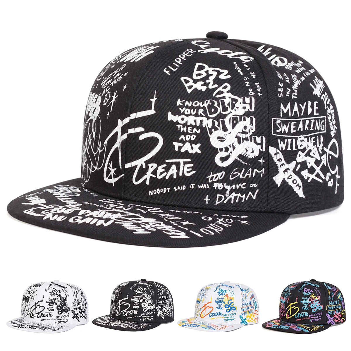 Unisex Schwarz-Weiß-Letter-Graffiti-Druck Hip-Hop-Mützen Frühling Herbst Outdoor Verstellbare Freizeit-Baseballkappen Sonnenhut