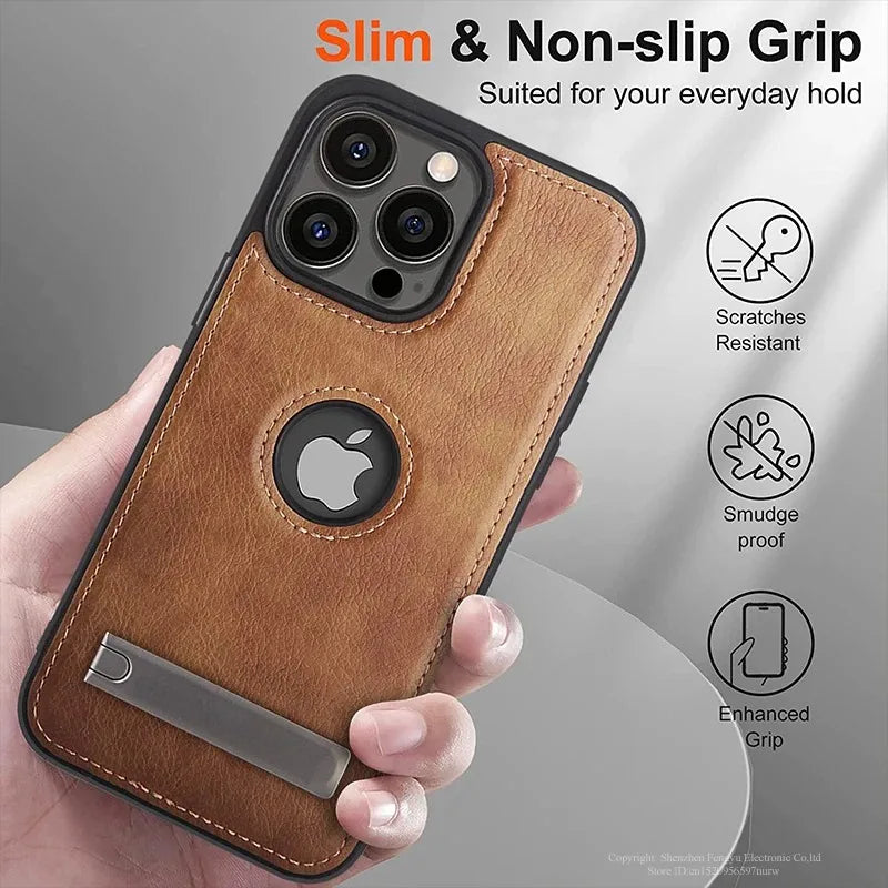 Handyhülle aus PU-Leder mit Ständer für iPhone 17 16 15 Pro Max 14 Plus 13 12 11 Mini Weicher Griff Luxus-Rückabdeckung mit Ständer