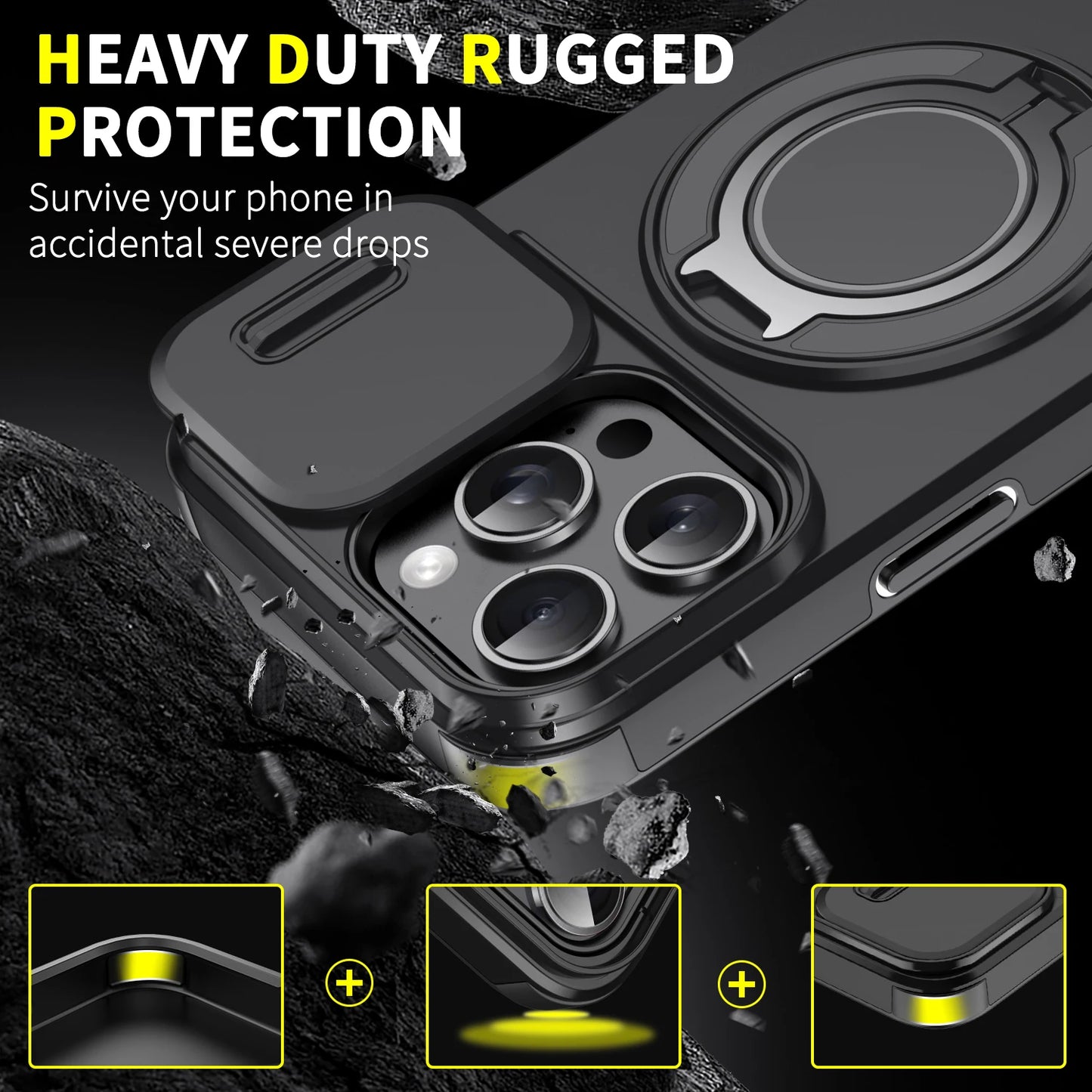 Luxury Heavy Duty Rugged Armor Magnetic Bracket Case For iPhone 16 15 14 13 12 11 Pro Max Plus Slide Camera Protection PC Cover