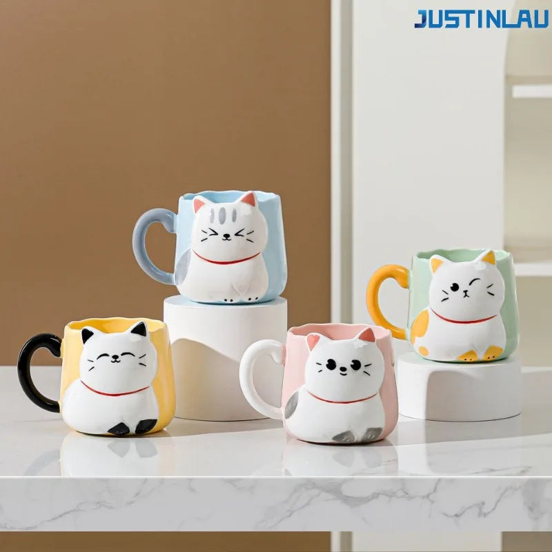 JUSTINLAU Tasse en céramique mignonne avec couvercle et cuillère, motif chat de dessin animé en relief, style japonais, tasse à café émaillée, tasse à thé en céramique