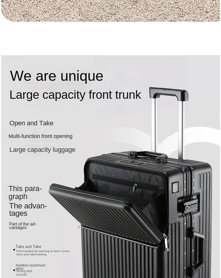 Neuer Koffer Aluminiumrahmen Frontöffnung Laptoptasche Multifunktionale Reisekoffer 20 Zoll Kabinengepäck Rollkoffer