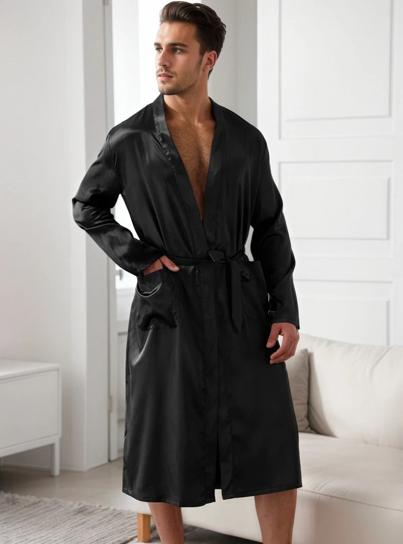 Pyjama Homme Noir, Ensemble Pyjama Super Élégant et Magnifique, Robe de Nuit à Col en V, Manches Longues et Short pour un Sommeil Relaxant