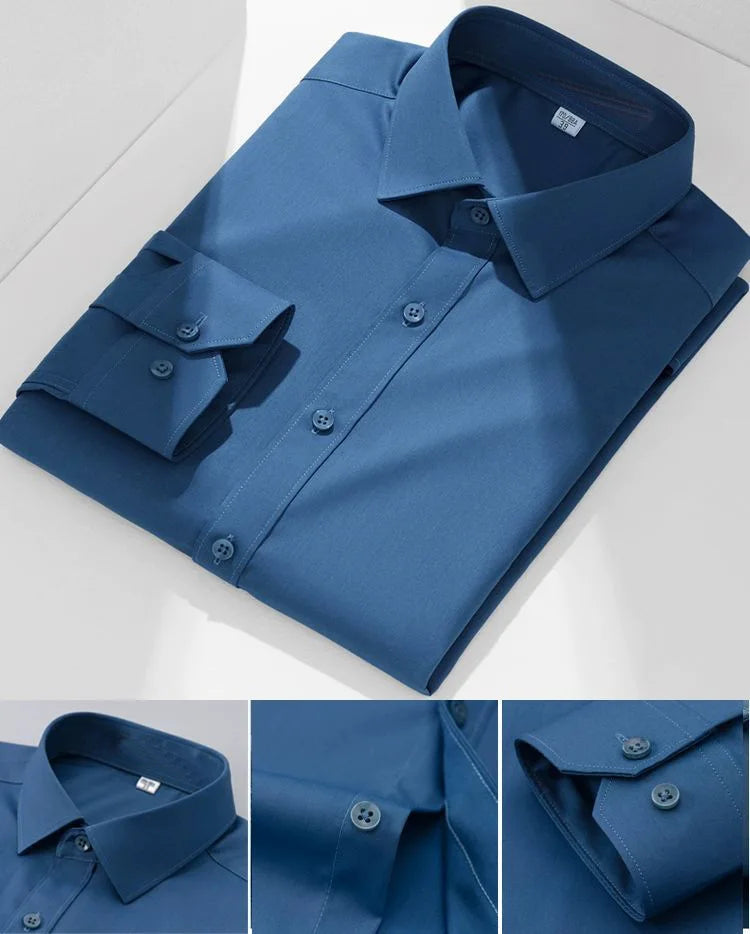 Chemise de Travail Blanche Homme en Fibre de Bambou Bleue 8XL Manches Longues Bureau Affaires Anti-rides Infroissable Décontractée