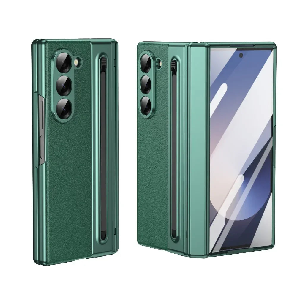Leder mit Stahlfilm Stifthalter Handyhülle für Samsung Galaxy Z Fold 7 6 5 4 Fold7 Fold6 Scharnierschutz Stoßfeste Hülle