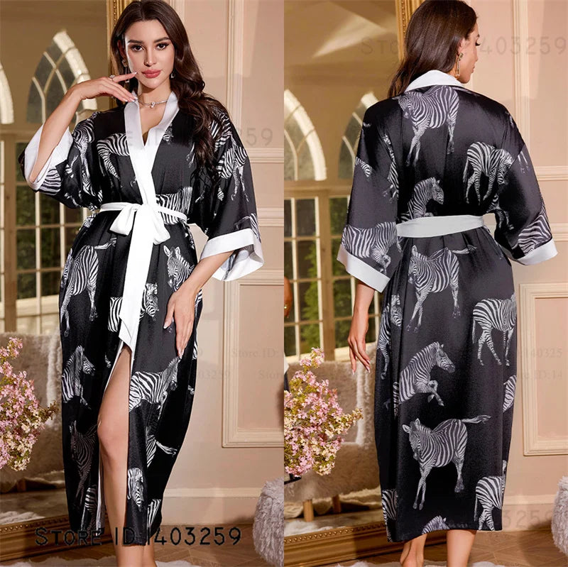 Großer Kimono Bademantel Blütenmuster Langer Morgenmantel Negligé Hauskleidung Frühling Sommer Neue Nachtwäsche Lose Pyjamas