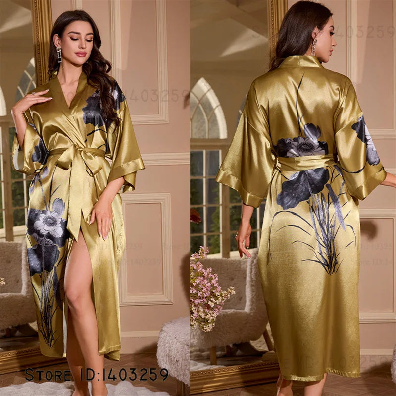 Großer Kimono Bademantel Blütenmuster Langer Morgenmantel Negligé Hauskleidung Frühling Sommer Neue Nachtwäsche Lose Pyjamas