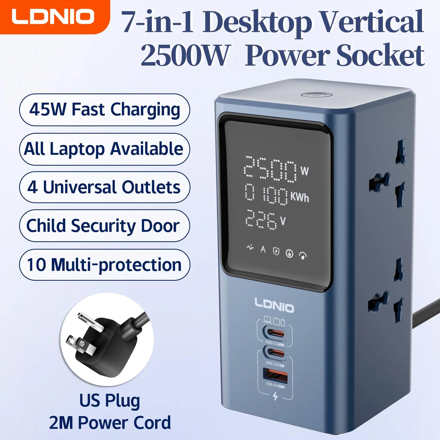 LDNIO 45W Vertikale Turm-Steckdosenleiste Mehrfach Universalsteckdosen Verlängerungskabel QC PD USB C Schnellladegerät Bildschirm UK EU US Stecker