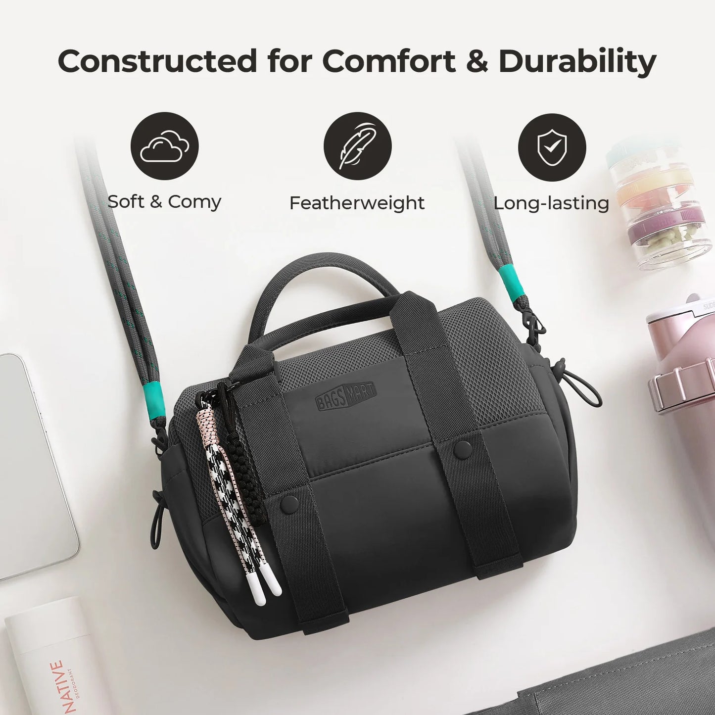 BAGSMART Boston Tasche für Damen, Mini-Reisetasche, Umhängetasche, wasserdicht, mit Nassfach, für Fitnessstudio, Reisen, Alltag, Strand, Wochenendausflug