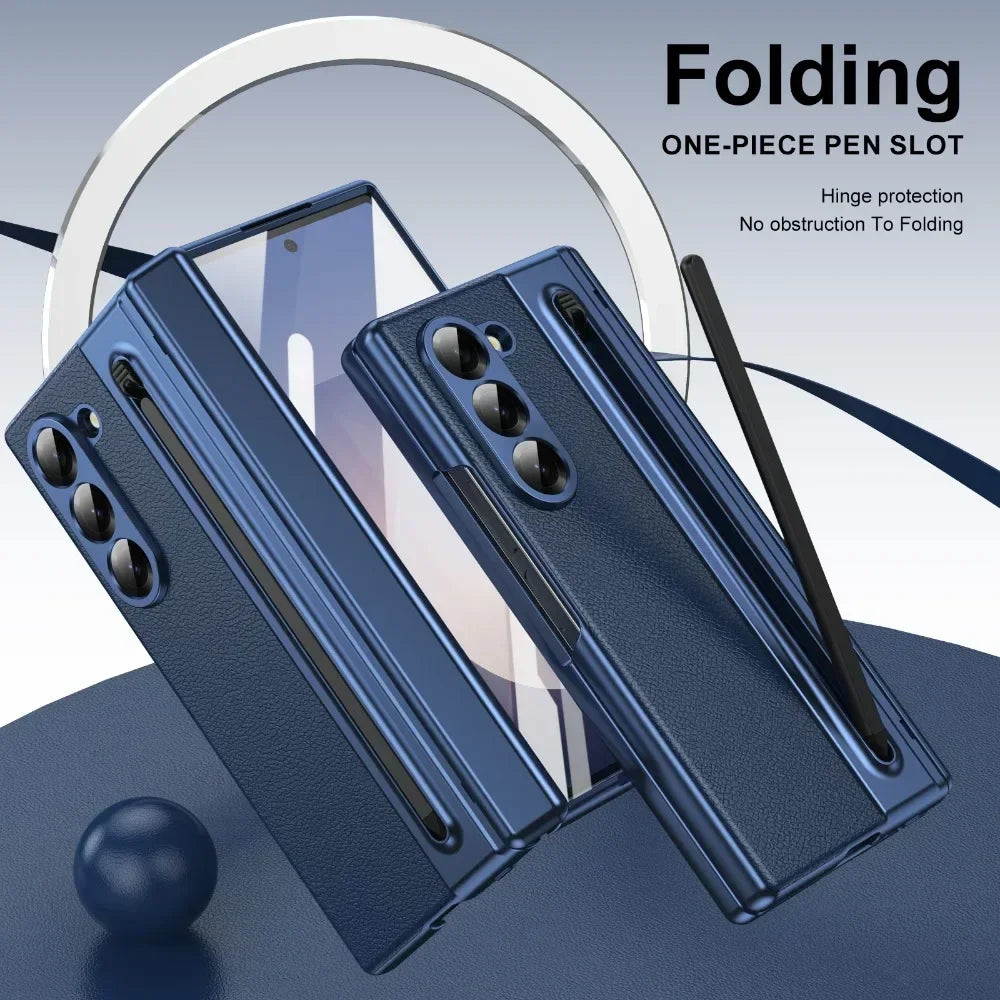 Leder mit Stahlfilm Stifthalter Handyhülle für Samsung Galaxy Z Fold 7 6 5 4 Fold7 Fold6 Scharnierschutz Stoßfeste Hülle