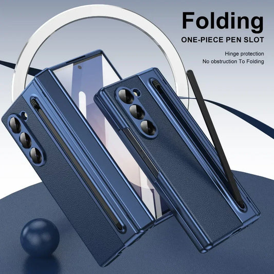 Leder mit Stahlfilm Stifthalter Handyhülle für Samsung Galaxy Z Fold 7 6 5 4 Fold7 Fold6 Scharnierschutz Stoßfeste Hülle