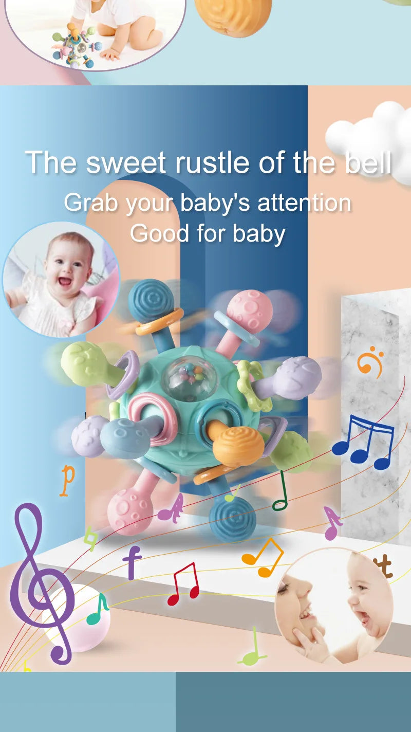 Jouets Bébé 0-12 Mois Hochet Balle Rotative Jouet d'Activité à Saisir Jouet de Développement Bébé Anneau de Dentition en Silicone Jouets Sensoriels Bébé pour Bébés