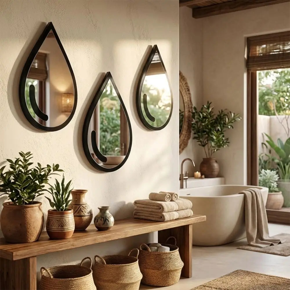 3 Pcs Autocollants Muraux Miroir Acrylique Autocollants Muraux Imperméables en Forme de Goutte d'Eau Miroir Cadre Noir Minimaliste