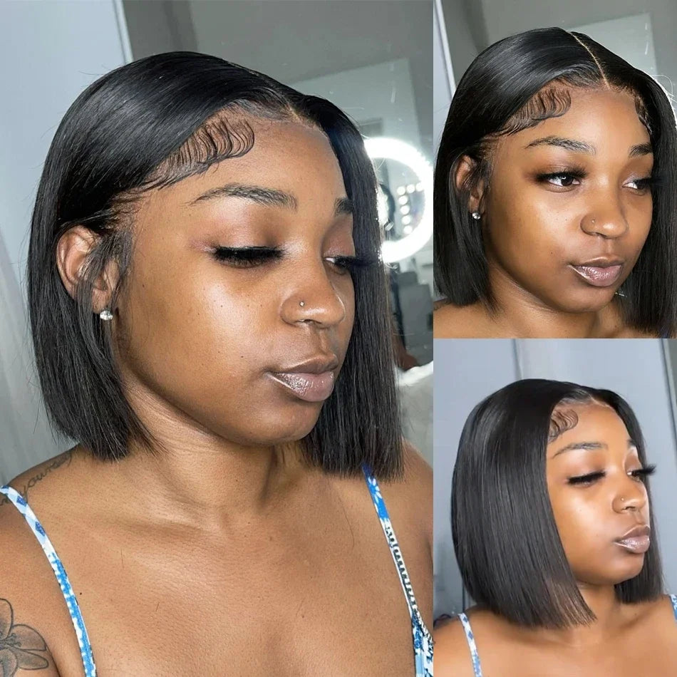 Perruques de cheveux humains brésiliens 13x4 Lace Front Bob court et lisse 4x4, densité 200%, 12 14 16 pouces