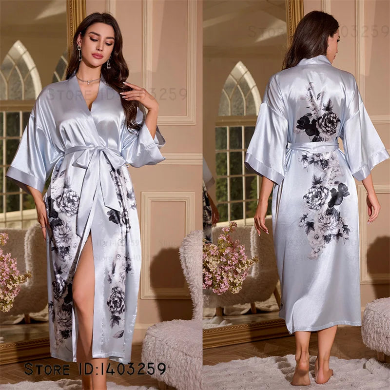 Großer Kimono Bademantel Blütenmuster Langer Morgenmantel Negligé Hauskleidung Frühling Sommer Neue Nachtwäsche Lose Pyjamas