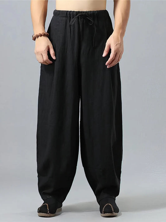 Baggy Cotton Linen Pants Men Casual Wide leg Oversize Jogger Trousers Vintage Drawstring Sport Sweatpants Male 2025