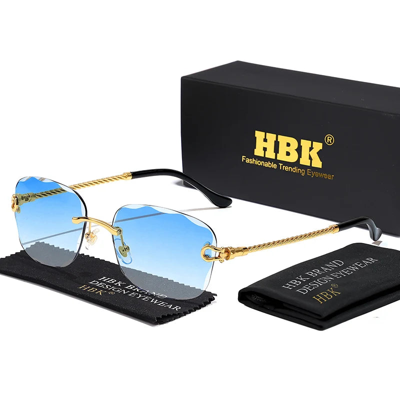 HBK Rahmenlose Metall Sonnenbrille Herren Wellenform geschnitten Sonnenbrille für Damen Reise Shopping Brille UV400 Sommer Stil
