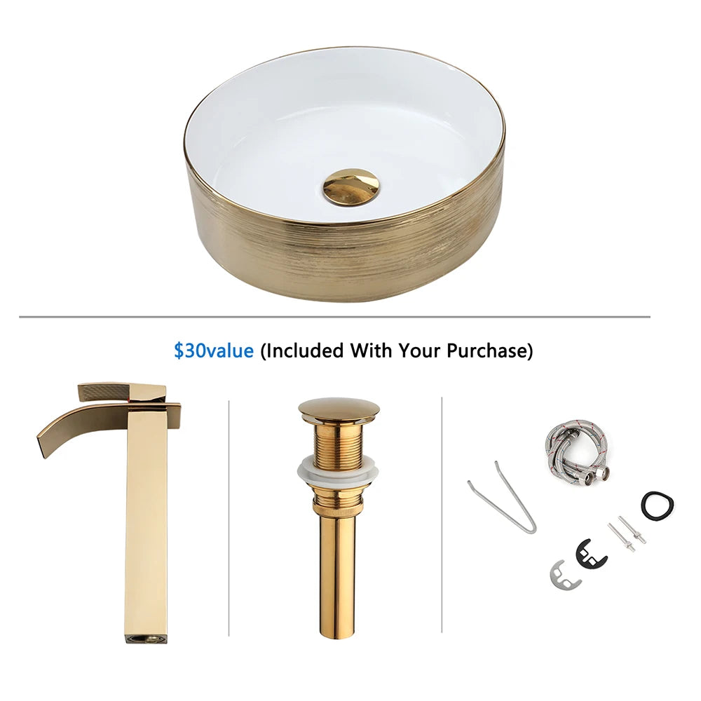 YANKSMART Gold Runder Keramik Waschbecken Wasserhahn Goldener Einhandmischer Wasserfallarmatur mit Pop-up-Ablaufgarnitur Set