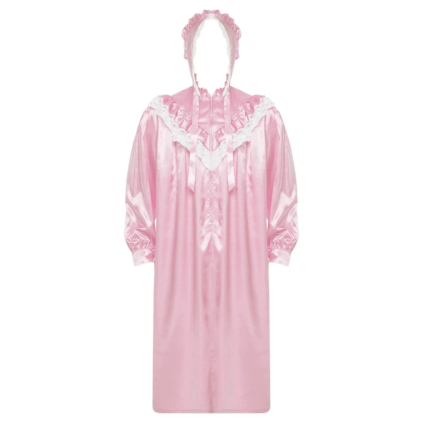 Pyjama homme à volants et dentelle, nuisette victorienne Sissy avec chapeau, robe de nuit satinée à manches longues et fermeture éclair sur le devant