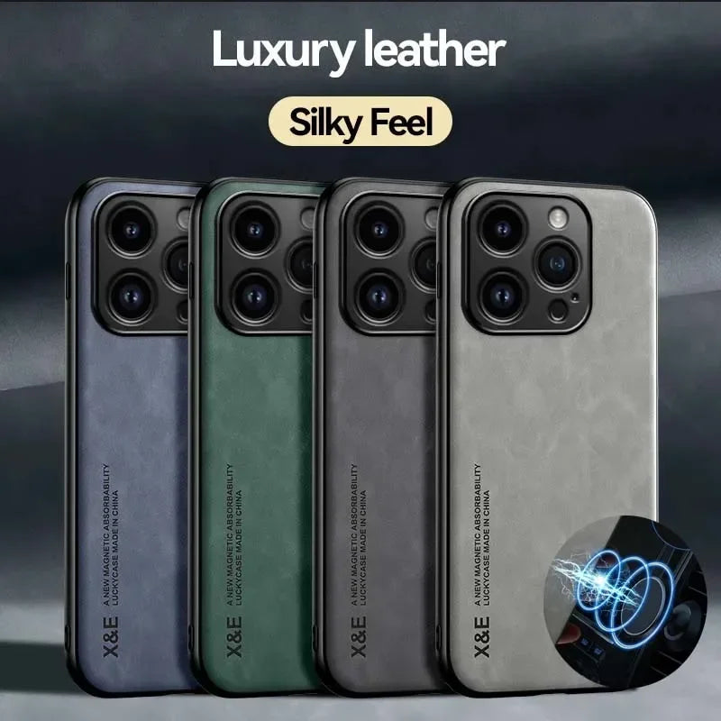 Étui en cuir de luxe pour iPhone 17 16 16e 15 14 13 12 11 Pro Max Plus 12 13 Mini SE 8 7 Housse avec plaque métallique support voiture
