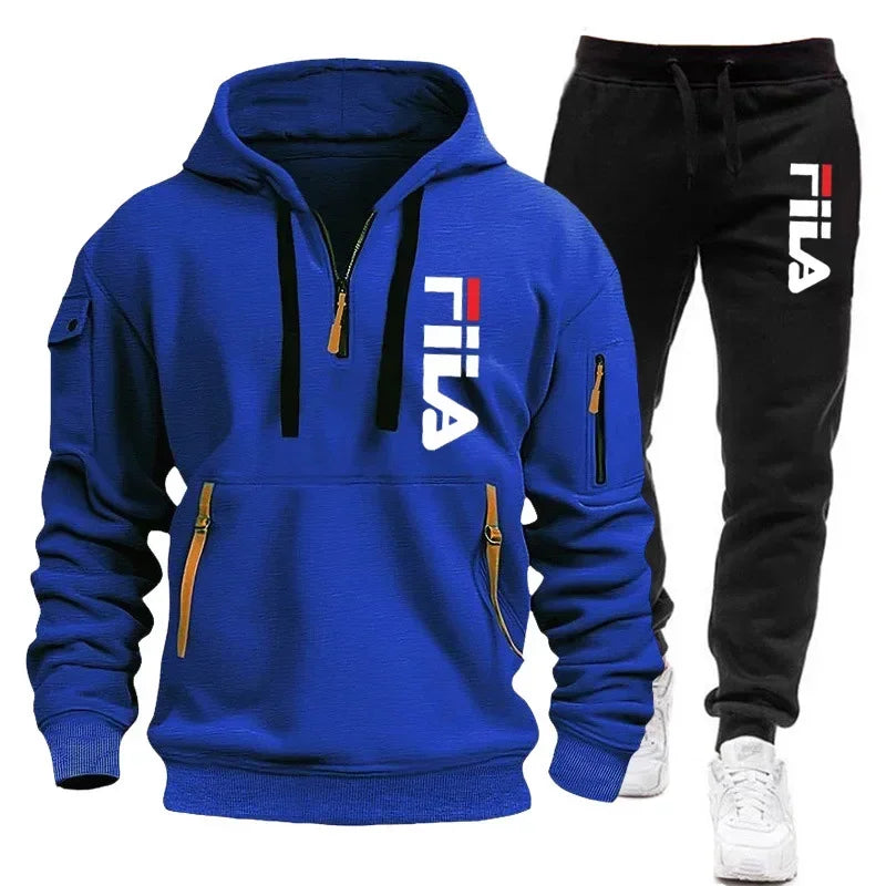 Herbst und Winter heiß begehrtes Herren-Kapuzensweatshirt + Freizeithose, zweiteiliges Outdoor-Set mit mehreren Taschen und Sporthose
