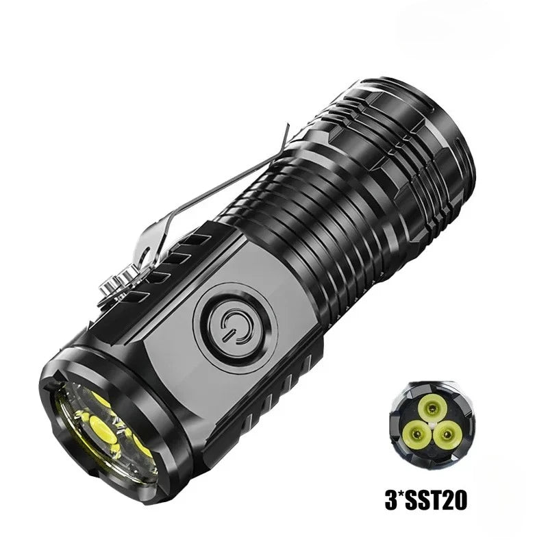 Lampe de poche portable super lumineuse 3 LED SST20 - Torche USB rechargeable de haute qualité, étanche avec CLIP DE CASQUETTE pour la randonnée et le camping