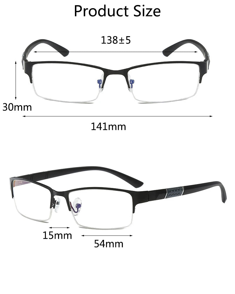 Herren Halb-Rand Lesebrille aus Metall Business Stil Männlich Vintage Weitsicht Presbyopie Anti-Blau HD TR90 Dioptrien Brille