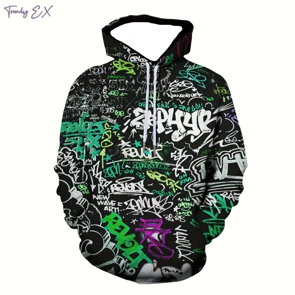 Herren-Sweatshirts Mode Graffiti-Print Lässig Oversized Hoodie Bequem Kängurutasche Sport Langarm Kapuzenpullover