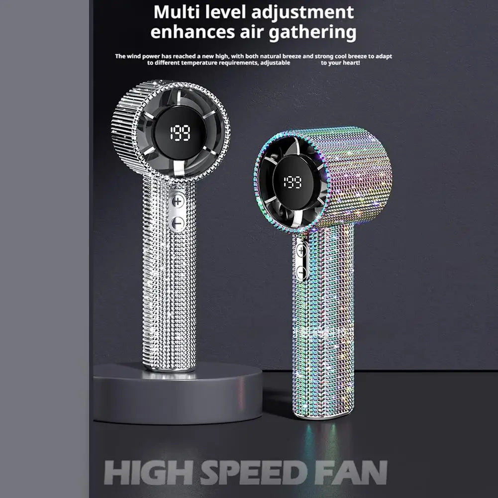 1 Stück Luxus Diamant Handheld Mini-Ventilator 199-Gang einstellbar Tragbarer Handheld Turbo-Ventilator Outdoor Digitalanzeige Elektrischer Ventilator