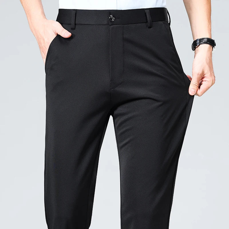 Pantalon Homme Printemps Été Coupe Droite Fin Costume de Ville Habillé Travail Décontracté Business Noir Rouge Vin Pantalon Long