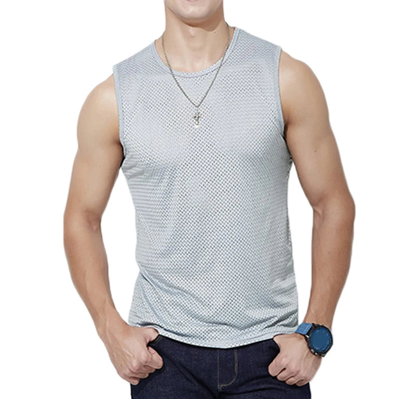 Débardeurs en maille de soie glacée pour hommes, séchage rapide, respirant, gilet, musculation, t-shirt sans manches, t-shirts de sport, débardeurs musculation