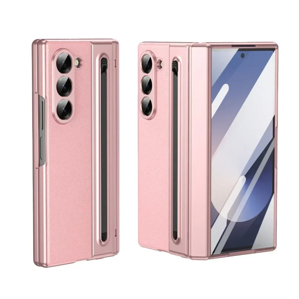 Leder mit Stahlfilm Stifthalter Handyhülle für Samsung Galaxy Z Fold 7 6 5 4 Fold7 Fold6 Scharnierschutz Stoßfeste Hülle