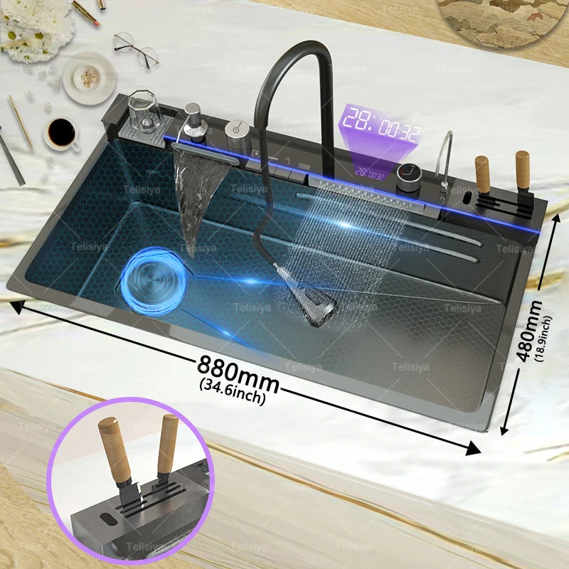 Évier de cuisine en acier inoxydable multifonctionnel avec affichage numérique, cascade, grand bac unique avec égouttoir pour couteaux et vaisselle