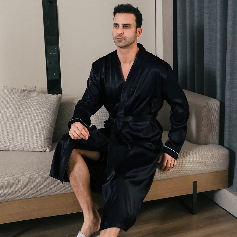 Pyjama homme printemps et automne, style soie fine, grande taille, pyjama à manches longues, peignoir en soie glacée, vêtements d'intérieur été