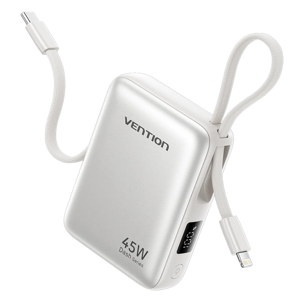 Vention 45W 10000mAh Powerbank mit integriertem USB-C- und Lightning-Kabel, tragbare Powerbank für iPhone 17 16 Samsung S26 S25 Xiaomi Poco
