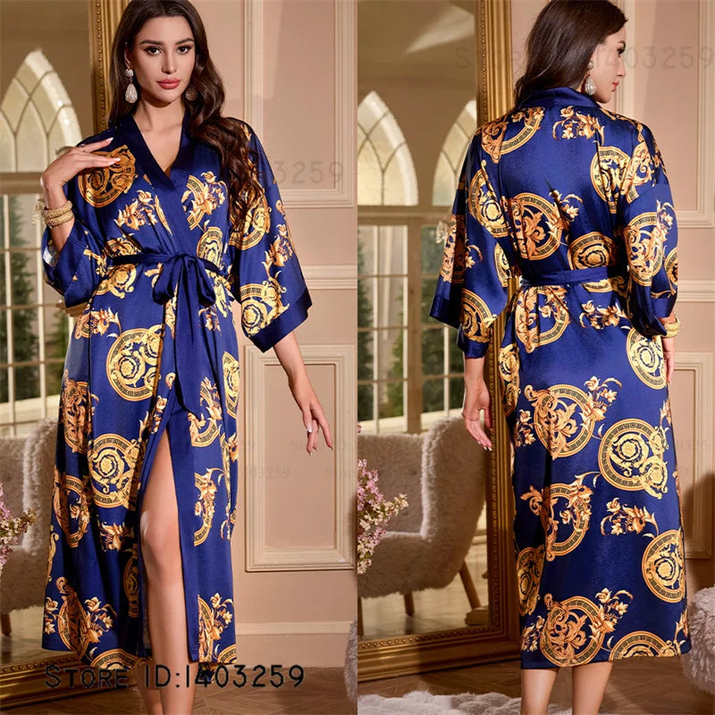 Großer Kimono Bademantel Blütenmuster Langer Morgenmantel Negligé Hauskleidung Frühling Sommer Neue Nachtwäsche Lose Pyjamas