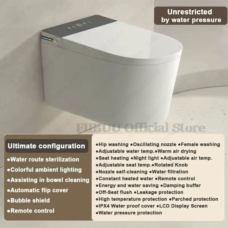Intelligentes Dusch-WC zur Wandmontage, Smart-WC für das Badezimmer, spülkastenlos, automatisches Öffnen/Schließen, beheizter Sitz, elektrisch, länglich, wandhängend