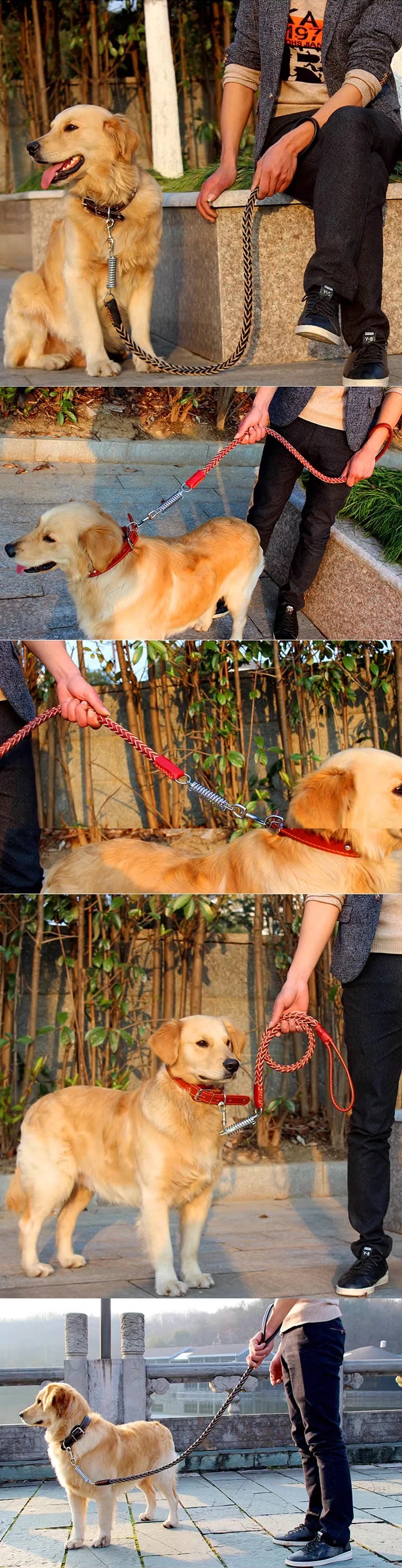 Cowhide collar+leash strong Real big dog collar High Leather Braided Dog with Buffer Spring Pet Traction Rope for Shepherd Dog