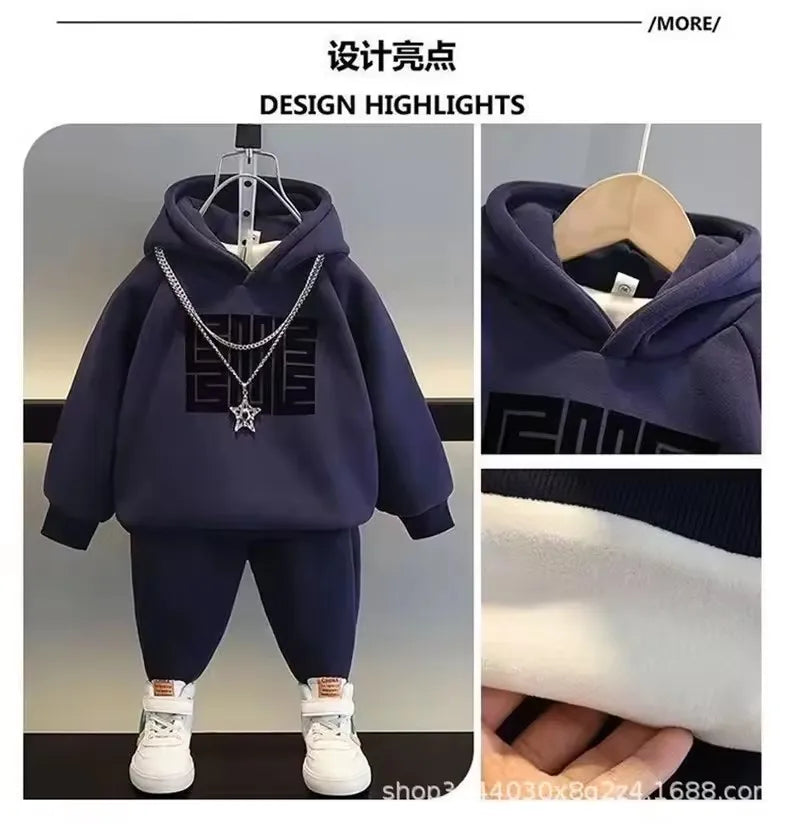 Ensembles de sweat-shirts pour enfants, hiver, plus velours épais, costume chaud garçons filles, sweat à capuche + pantalon 2 pièces, tenues de survêtement en coton